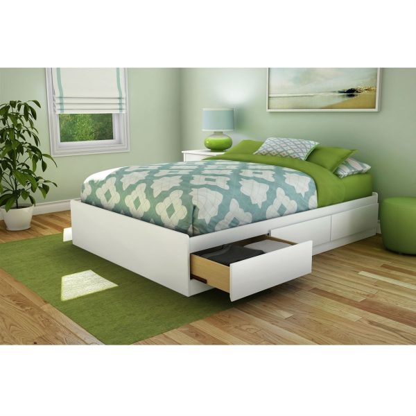Full size Contemporary Platform Bed with 3 Storage Drawers in White